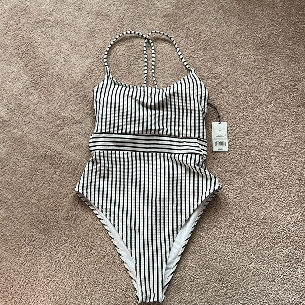 Shade & Shore Black and White Striped One Piece Swimsuit